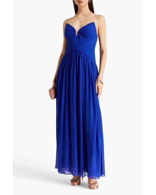 Zac Posen Blue Tulle-trimmed Plissé-crepe Maxi Dress
