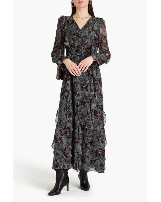 Diane von Furstenberg Black Gilligan Ruffled Printed Chiffon Maxi Dress