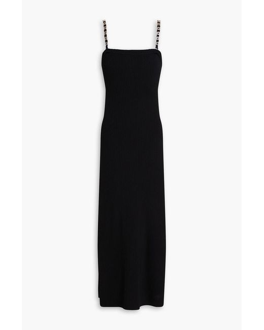 Maje Black Embellished Ribbed-Knit Midi Dress