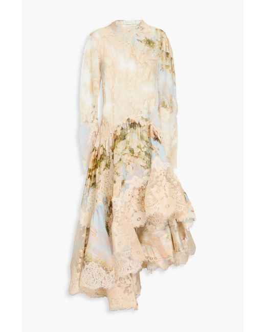 Zimmermann Lace-paneled Linen And Silk-blend Maxi Dress in Natural | Lyst Zimmermann Lace-paneled Linen And Silk-blend Maxi Dress in Natural | Lyst