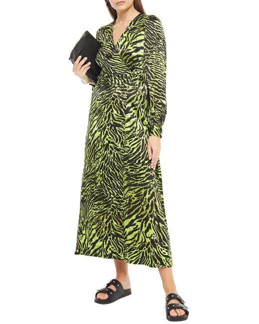 Ganni Tiger-print Silk-blend Satin Midi Wrap Dress in Green | Lyst