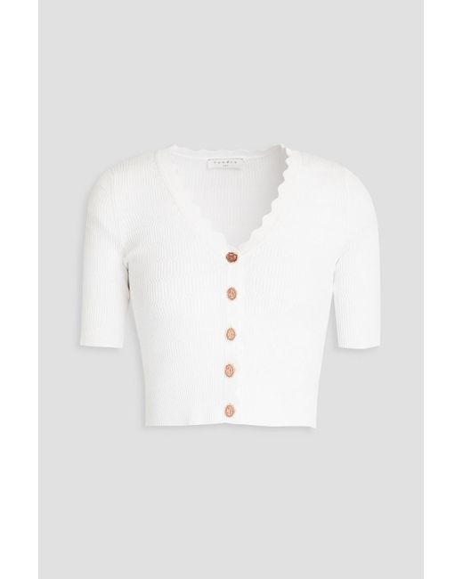 Sandro White Cropped Ribbed-knit Top