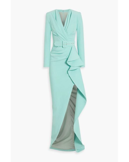 Rhea Costa Green Belted Draped Crepe Gown