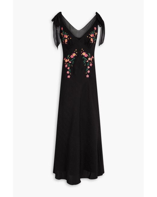 Saloni Black Embroidered Silk-Satin Jacquard Midi Dress