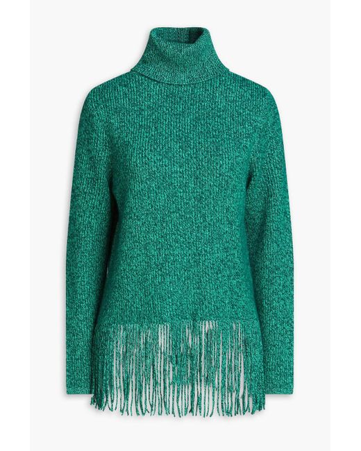 Zimmermann Green Fringed Ribbed Cashmere And Merino Wool-blend Turtleneck Sweater