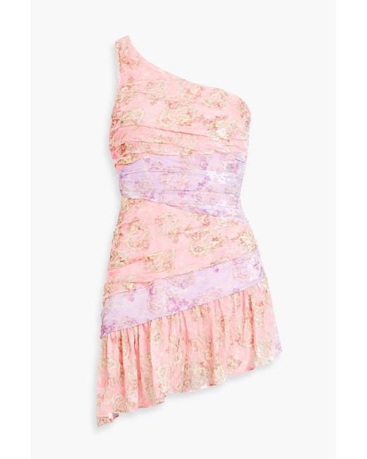 LoveShackFancy Pink One-shoulder Printed Devoré-chiffon Mini Dress