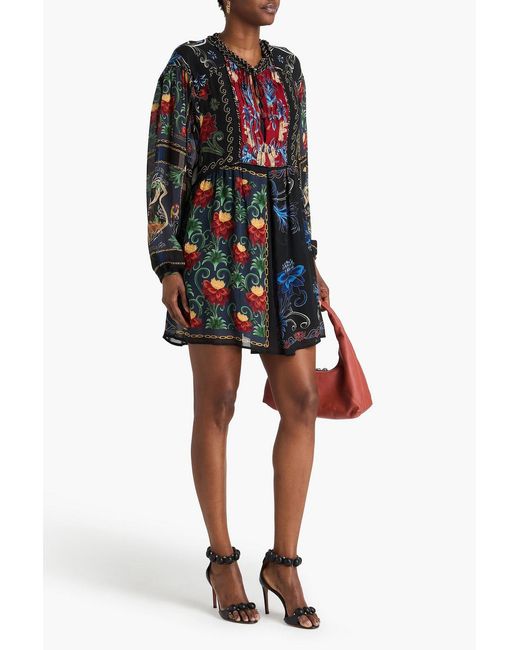 Farm Rio Gray Bead-embellished Printed Crepe De Chine Mini Dress