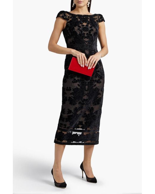 Marchesa Black Embroidered Lace-appliquéd Stretch-tulle Midi Dress