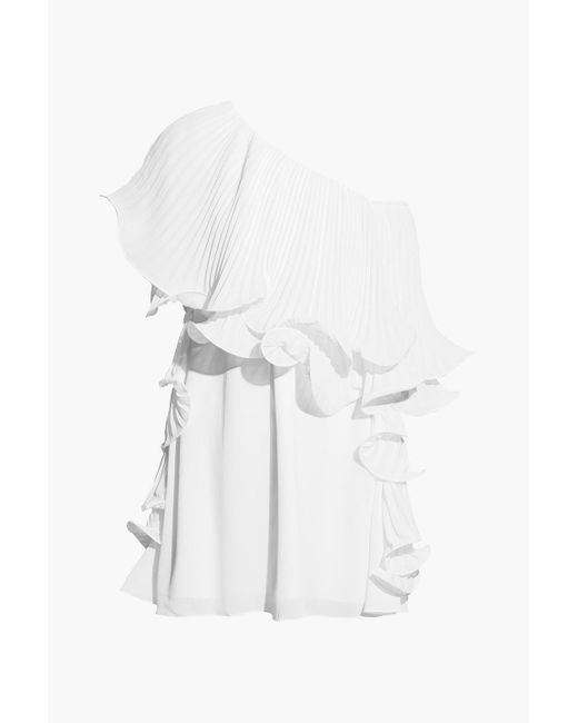Badgley Mischka White One-shoulder Ruffled Plissé-crepon Mini Dress