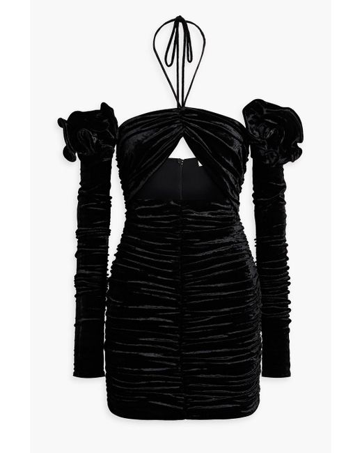 Magda Butrym Black Cold-shoulder Floral-appliquéd Velvet Mini Dress