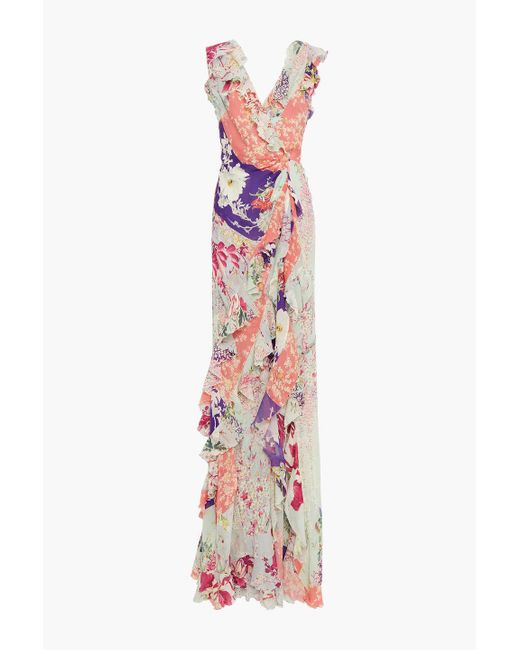 Etro Pink Wrap-effect Twist-back Ruffled Floral-print Silk-gauze Gown