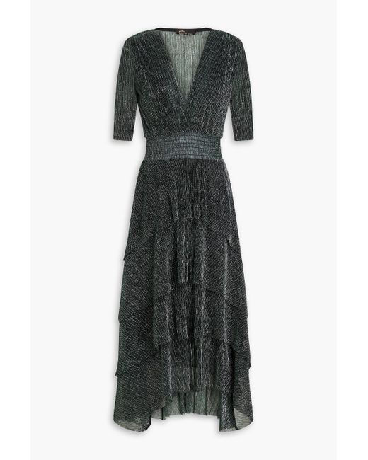 Maje Black Ruffled Lamé Midi Dress
