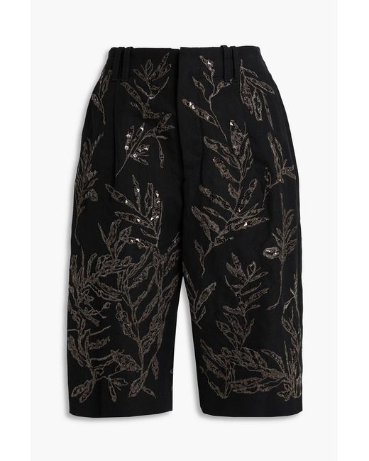 Brunello Cucinelli Black Embroidered Cotton And Linen-blend Shorts