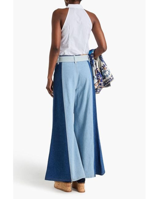 Farm Rio Blue Color-Block High-Rise Wide-Leg Pants
