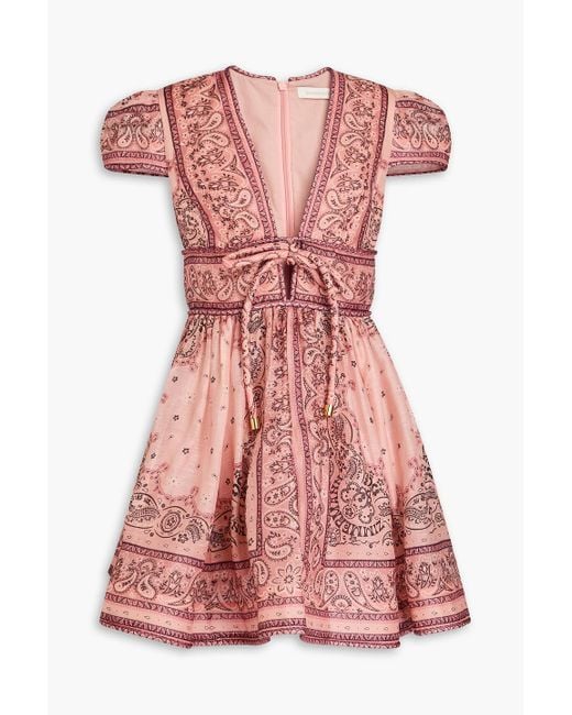 Zimmermann Pink Bow-detailed Paisley-print Linen And Silk-blend Mini Dress