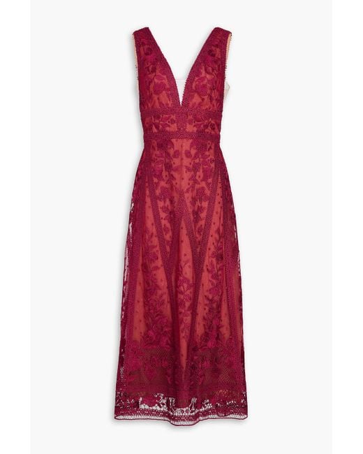 Marchesa Red Tulle-Trimmed Guipure Lace Midi Dress