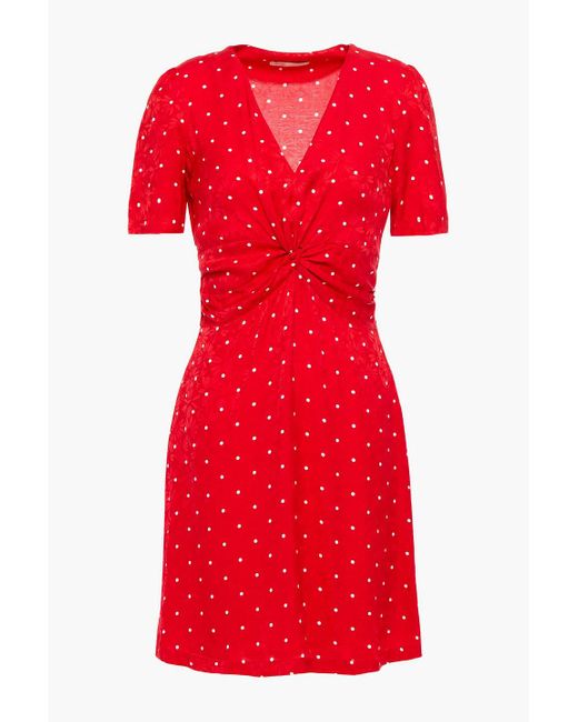 Maje Red Ripia Twist-front Polka-dot Floral-jacquard Mini Dress