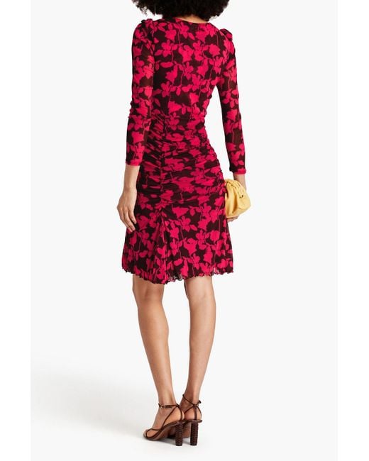 Diane von Furstenberg Red Mira Ruched Floral-print Stretch-mesh Dress
