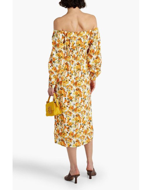 Onia Metallic Off-the-shoulder Shirred Floral-print Linen-blend Midi Dress