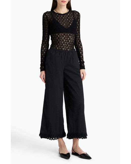 By Malene Birger Black Luisa Cropped Lace-trimmed Cotton-poplin Wide-leg Pants