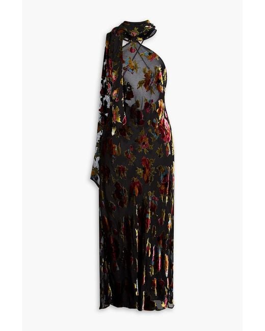 Rixo Black Hayley Draped Devoré-Velvet Midi Dress