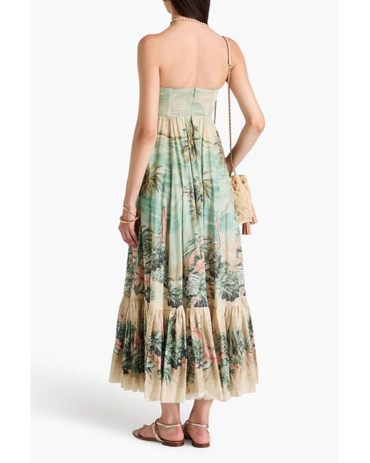 Zimmermann Green Strapless Printed Cotton-gauze Midi Dress
