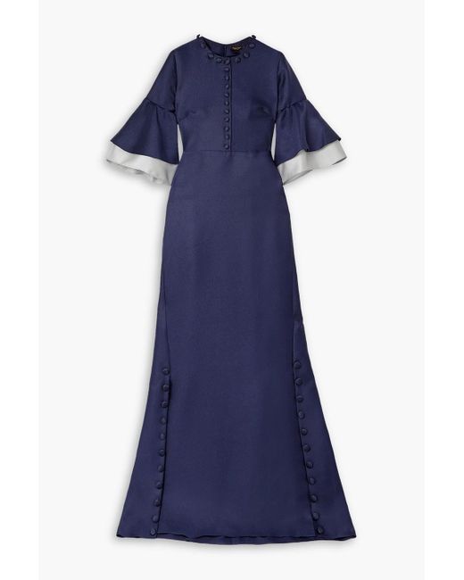 Reem Acra Blue Button-embellished Ruffled Satin-piqué Gown