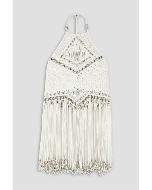Rabanne White Fringed Embellished Macramé Halterneck Top