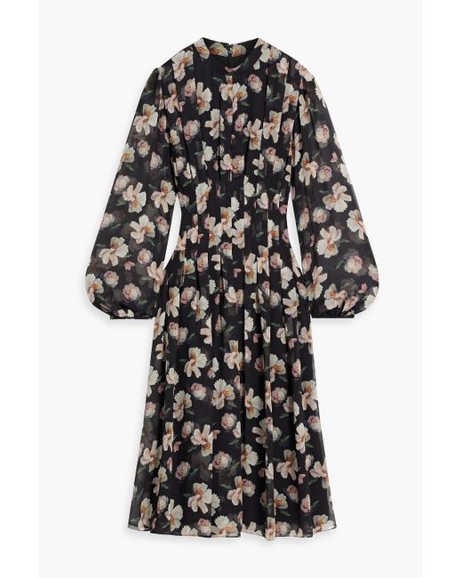 Mikael Aghal Black Pleated Floral-print Chiffon Midi Dress