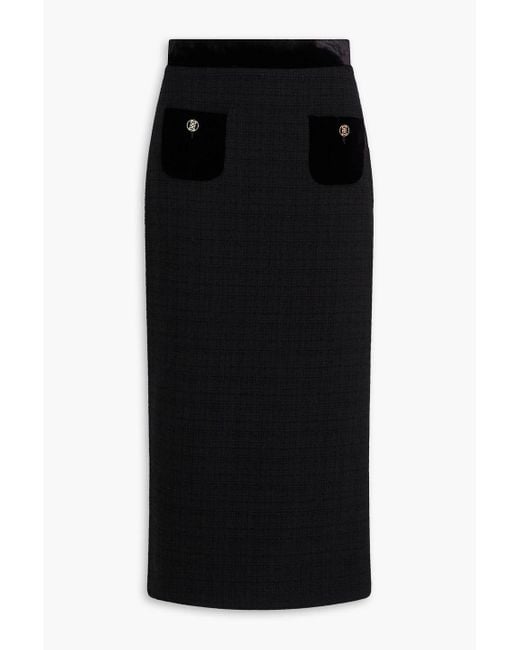 Sandro Black Velvet-Trimmed Tweed Midi Pencil Skirt