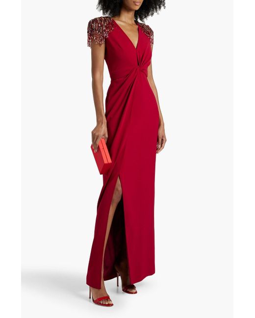 Jenny Packham Red Embellished Twist-front Crepe Gown