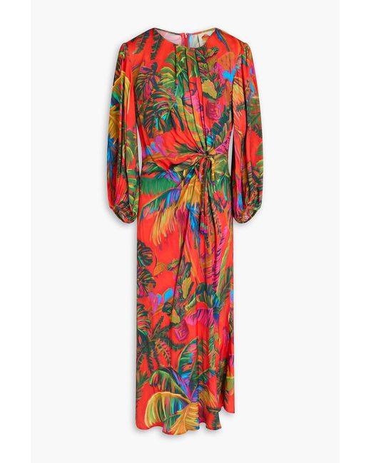 Farm Rio Red Bead-embellished Ruched Printed Satin Midi Dress