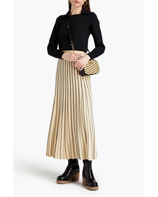 Tory Burch Natural Pleated Striped Knitted Midi Skirt