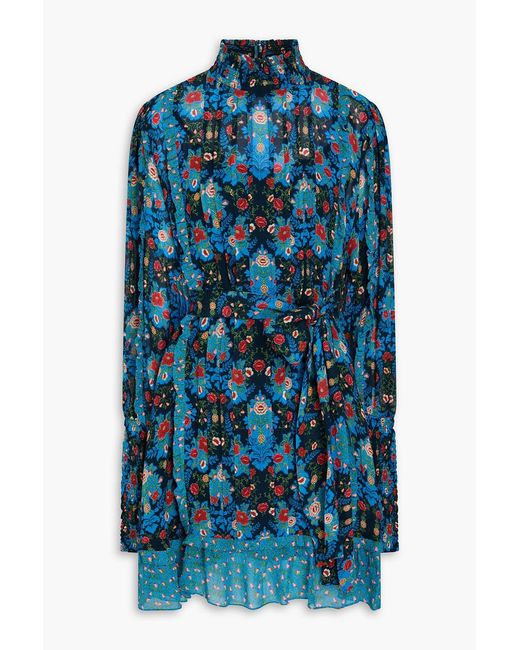 Farm Rio Blue Pintucked Floral-print Georgette Mini Dress