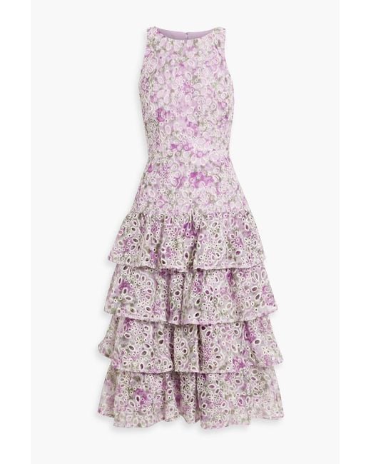 Mikael Aghal Pink Tiered Floral-print Broderie Anglaise Midi Dress