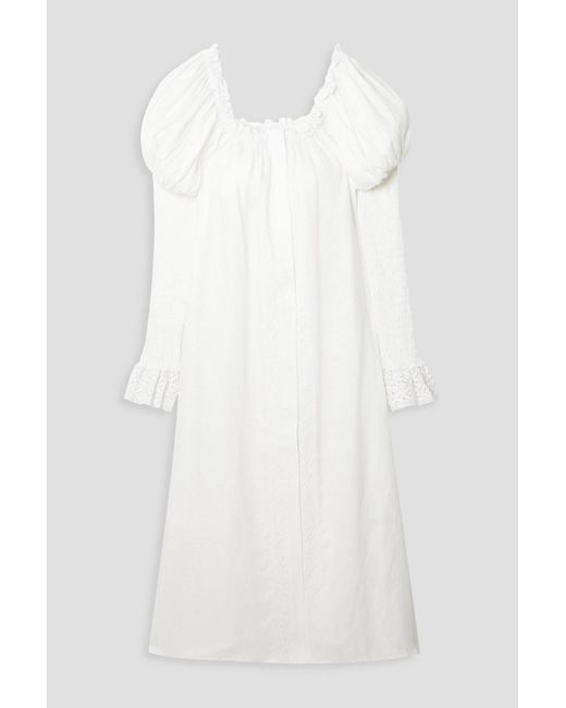 Sleeper White Opera Shirred Crocheted Lace-trimmed Linen Midi Dress
