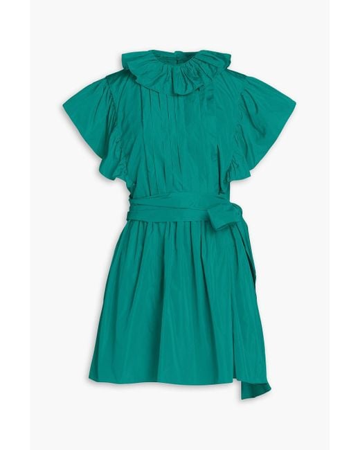 Alberta Ferretti Green Ruffled Pintucked Taffeta Mini Dress