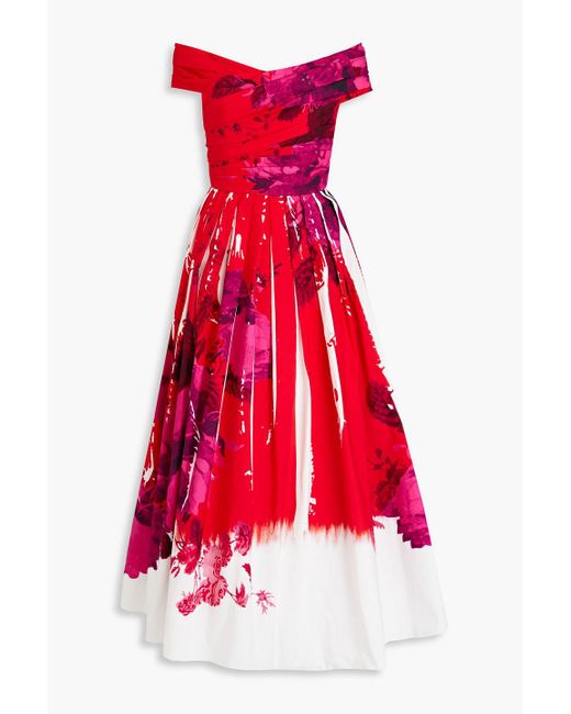 Erdem Red Off-the-shoulder Floral-print Cotton-faille Maxi Dress