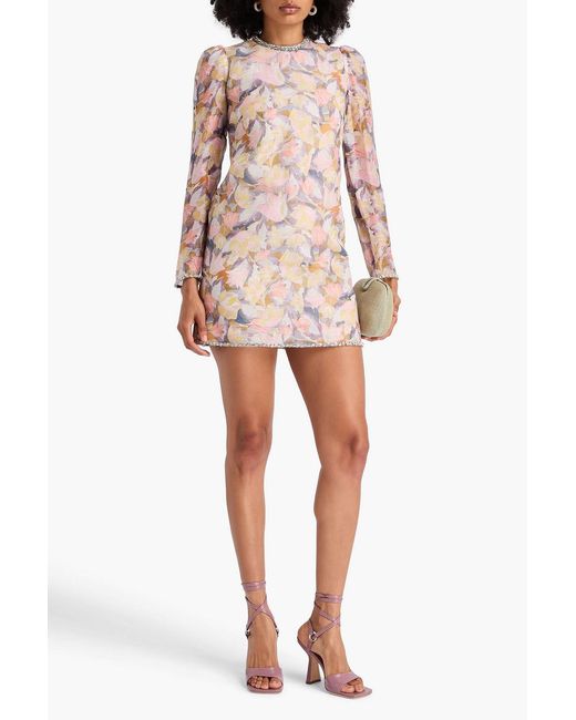 Zimmermann Pink Crystal-Embellished Printed Linen And Silk-Blend Mini Dress