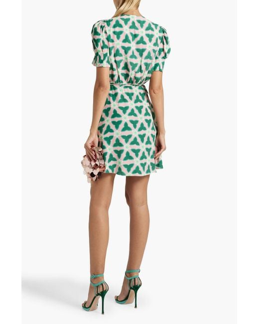 Saloni Green Lea Floral-print Ecoverotm-blend Crepe Mini Wrap Dress
