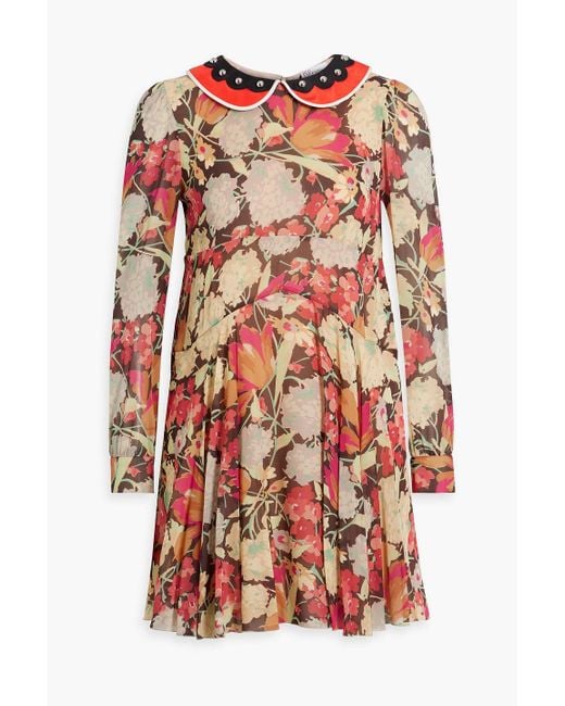 RED Valentino Red Studded Floral-print Silk-blend Chiffon Mini Dress