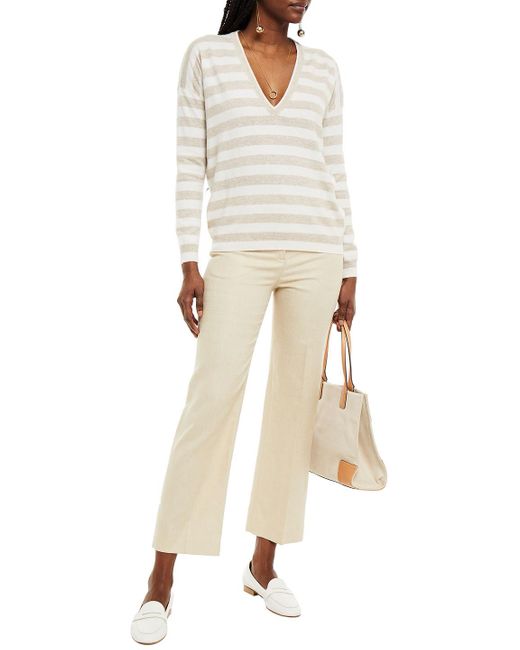 Brunello Cucinelli Natural Bead-embellished Striped Cashmere Sweater