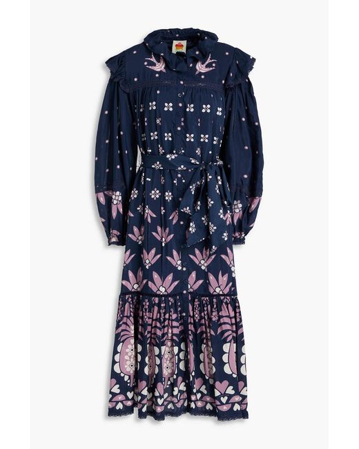 Farm Rio Blue Ruffled Floral-print Satin Midi Dress