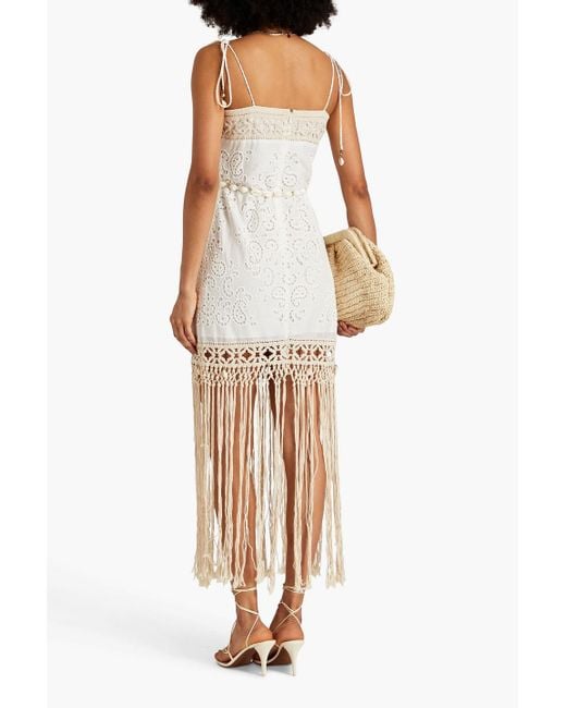 Zimmermann White Fringed Broderie Anglaise Cotton And Macramé Maxi Dress