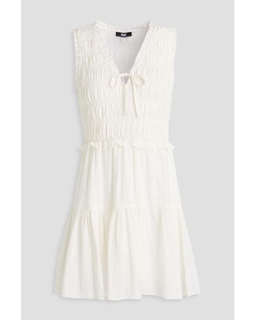 PAIGE White Shirred Linen-blend Gauze Mini Dress