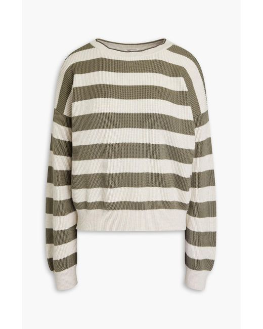 Brunello Cucinelli White Bead-embellished Striped Ribbed Cotton Sweater