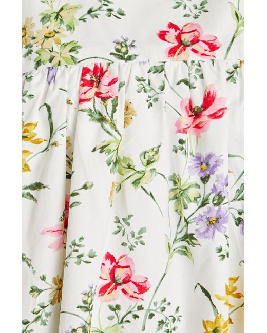 Meadows White Gathered Floral-print Organic Cotton-poplin Midi Dress