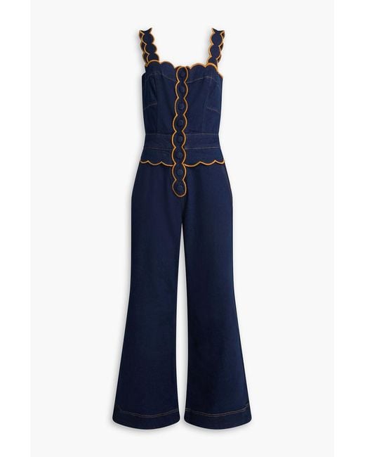 Farm Rio Blue Scalloped Cutout Denim Jumpsuit
