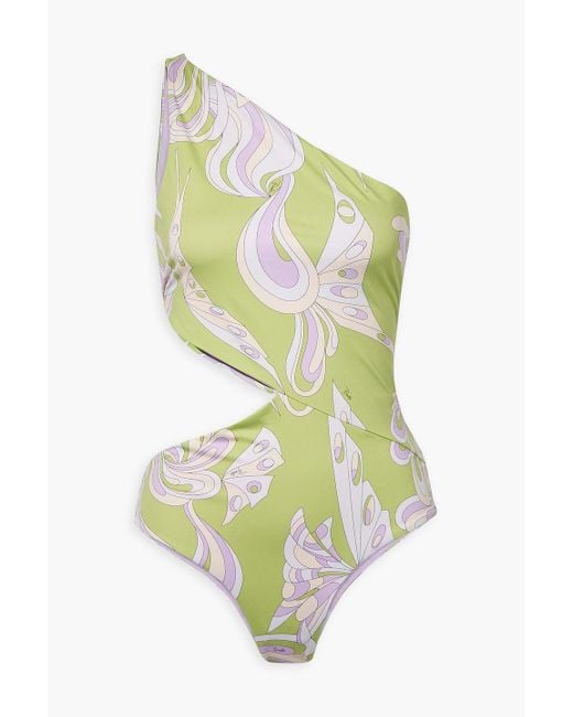Emilio Pucci Green One-shoulder Cutout Printed Swimsuit