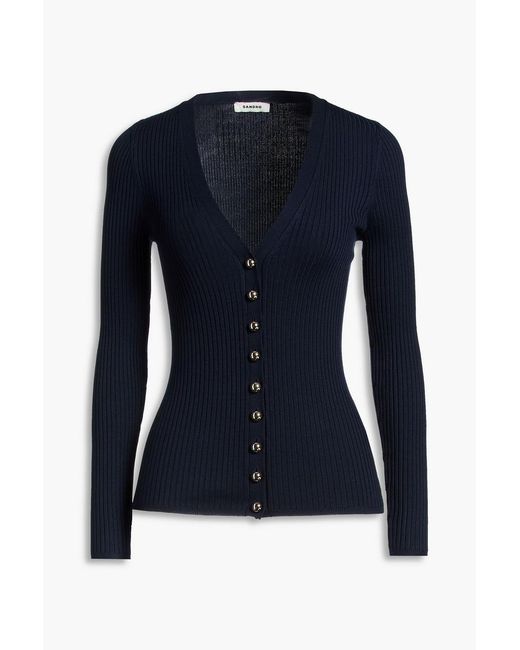 Sandro Blue Ribbed-Knit Cardigan